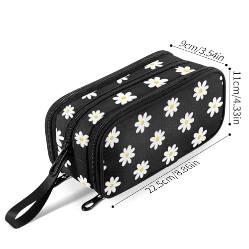 Image of Fustylead Hand Drawn Classic White Daisy Flower Large Pencil Bag Storage Pen Case Makeup Pouch Stationery Bag for School College Office Organizer