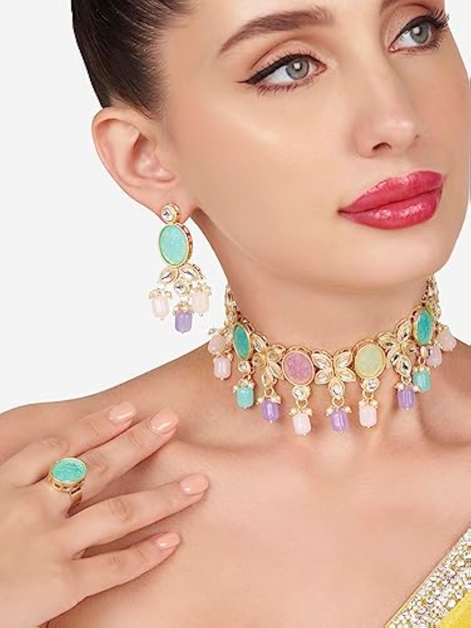 Kundan Choker Necklace Earring Set with Stones Beads