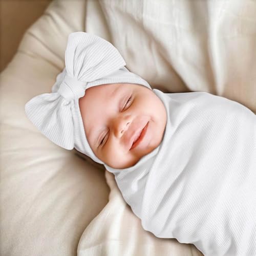 Image of DRESHOW BQUBO Baby Girl Newborn Receiving Blankets with Bow Hat Headband Wooden Birth Announcement Card Set Newborn Baby Swaddle Wrap Set Warm Shower Gift