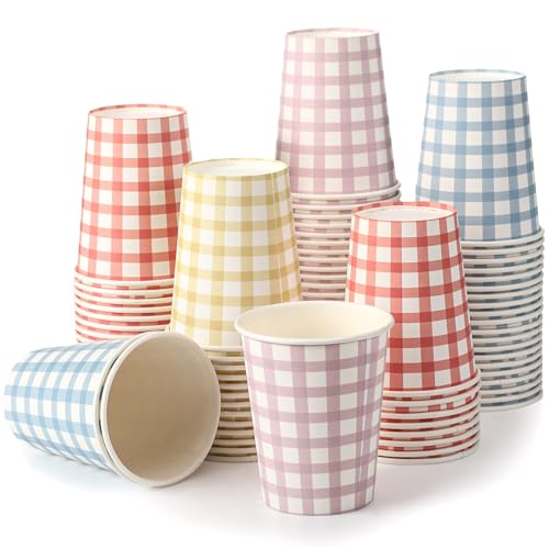 Tioncy 100 Pieces 9 oz Gingham Disposable Paper Cups Drinking Paper Cups Coffee Checkered Birthday Cup Gingham Hot Cold Beverage Drinking Cup for Holiday Picnic Travel Birthday Party 4 Colors
