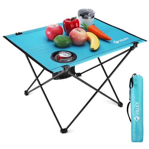 VILLEY Folding Camping Table, Lightweight Portable Beach Table with 2 Cup Holders & Carry Bag for Camping, Beach, Fishing, Travel, and Outdoor Activities (Small)