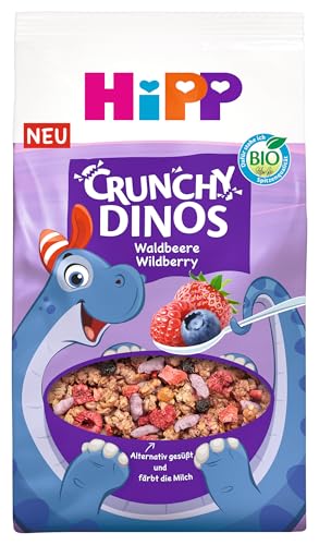 HiPP Bio Müesli Crunchy Dinos Waldbeere (5 x 300g), für Kinder ab 3 Jahren, Süße aus der Maniokwurzel, färbt die Milch lila, in bester Bio-Qualität
