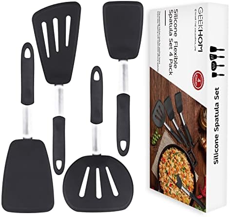 Silicone Spatulas for Nonstick Cookware, GEEKHOM 2022 Updated 600F Heat Resistant Extra Large and Wide Flexible Spatulas Rubber Turners, Kitchen Cooking Utensils Set for Pancake, Eggs(4 Pack)