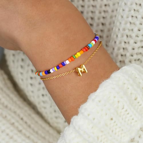 Turandoss Colorful Beaded Initial Bracelets for Girls Women - Dainty 18K Gold Plated Letter Initial A-Z Bracelet Layered Bracelets for Women Teen Girl Gifts Jewelry2