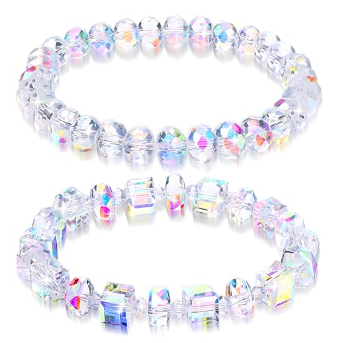 2PCS Beaded Stretch Bracelet Set for Women Austrian Crystal Stretch Bracelets Rainbow Aurora Borealis Jewelry Rainbow Reflective Crystal Chain for Birthdays Valentines Retirements