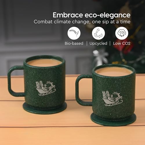 Image of Eha Earth-Friendly Christmas Gifts for Friends and Family | Secret Santa Gifts | Made with Rice Husk | Printed Christmas Mug and Coasters Set of 2, Keychain & Loopac Box | 350 ml | Fern
