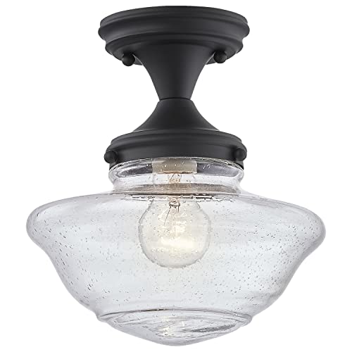 Image of Design House Vintage-Inspired Schoolhouse Semi-Flush Mount Ceiling Light, 9 in x 9 in x 10 in, Matte Black, Clear Seeded Glass Shade, 587444