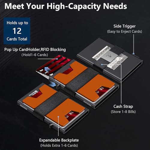 Image of SEMORID Slim Aluminum Card Holder Wallet for Men, Durable Expandable Backplate, RFID Blocking Minimalist Metal Pop Up Wallet, Holds 12+ Cards Plus Cash