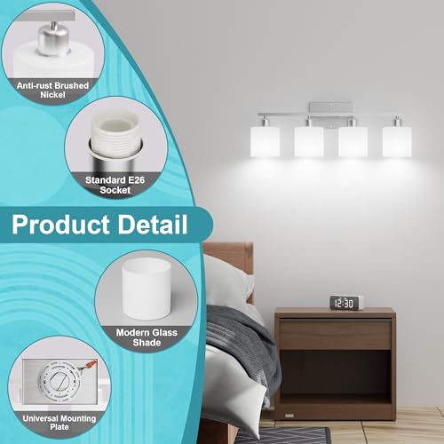 Image of Bathroom Lights Over Mirror Brushed Nickel, Anti-Rust 4-Light Bathroom Vanity Light Fixtures, Modern 24Inches Wall Sconces E26 Base, Milky White Glass Shades, Bulbs Not Included