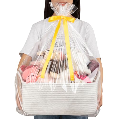 Image of OIAHOMY 19L Woven Basket, Gift Basket Empty with Gift Bags and Ribbons, Rope Baskets for Baby Showers, Storage Baskets with Handles for Nursery, Pet Toy Organizer - White