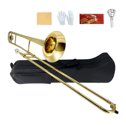 YoungMonic Bb Tenor Slide Trombone B Flat Gold Brass Plated Trombone for Beginners and Adults with Mouthpiece Carrying Case White Gloves Wipe Cloth (gold)