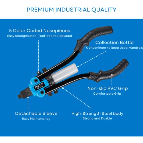 Akktol Rivet Gun, 1/4" Pop Rivet Gun Kit With 210Pcs Rivets, Heavy Duty 13" Hand Riveter Kit With 5 Nosepieces For Metal, Gutter & Automotive #TOP5