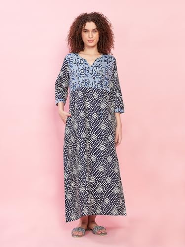 Image of Evolove Women's 100% Cotton Supersoft with Beautiful Embroidery Long Maxi Night Gown Nighty Dress with Pocket, Most Comfortable and 3 X Longer Lasting (Dark Navy, LNGCO3188DN-S)