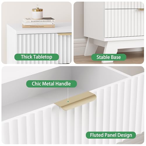 Image of Xixini Fluted Nightstand, 24 inch Wide Side Table with 3 Large Storage Drawers, Mid Century Modern Wood Night Stand with Metal Handle, Wooden Bedside End Table for Bedroom, White