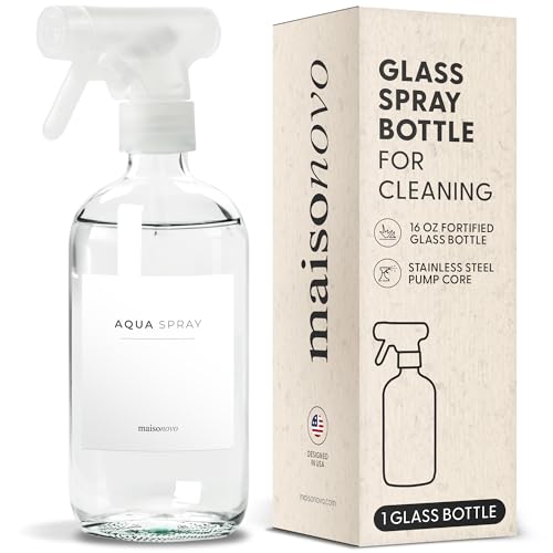 MaisoNovo Spray Bottles for Cleaning Set of 1- Clear 500ml Glass Spray Bottle and Refillable Empty Spray Bottles - with 16 Labels
