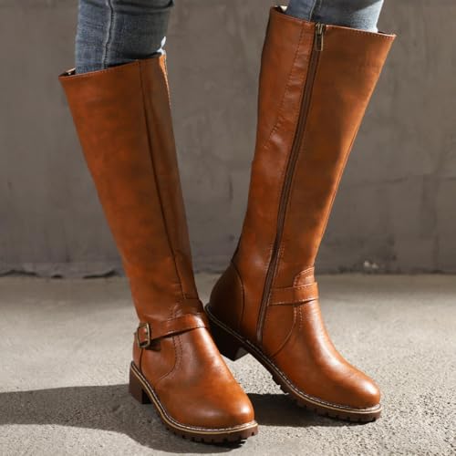 shownicer Stiefel Damen Blockabsatz Winterstiefel Bequeme Langschaft Damenstiefel Mit Reißverschluss A Braun 40