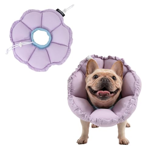 Image of H HIDREAM Dog Cone Collar Stress-Free Recovery Cone Alternative: Adjustable Depth & Diameter for Wide-Neck Dogs (Pugs, Bulldogs, Bullies) Purple Flower XL-B