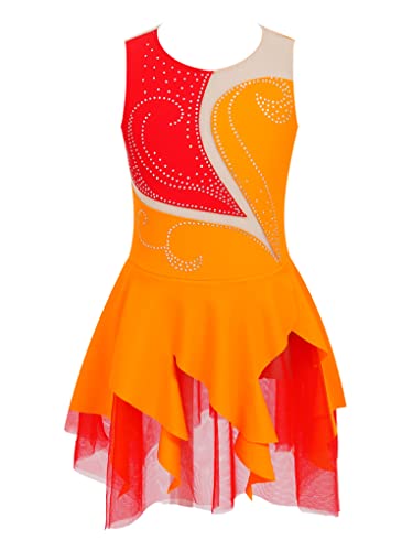 Mufeng Robe Patinage Artistique Fille Enfant Paillette Justaucorps Gymanstique sans Manches Tenue Ballet Bodysuit Brillant Jumpsuit Gym Costume Spectacle 5-16 Ans Orange 13-14 ans Cover