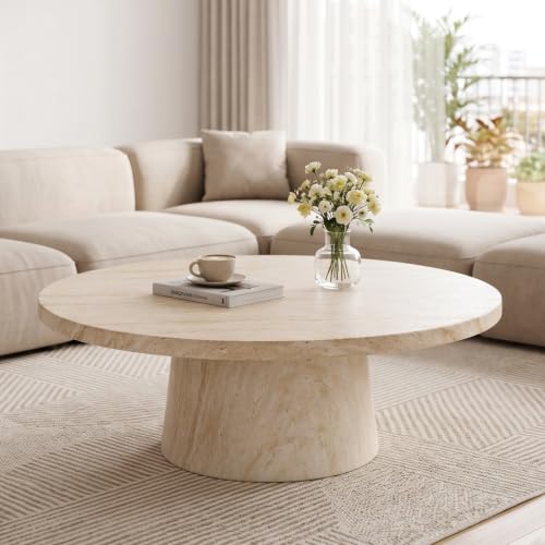 CIMOTA Modern Travertine Coffee Table, 44”Concrete Stone-Look Round Center Table with Stable Pedestal Base Indoor Outdoor, Accent Coffee Table for Patio, Backyard, Living Room, Black