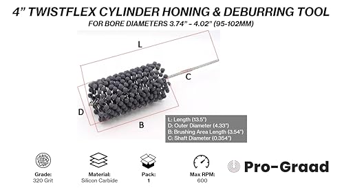 Image of 4 inch 320 Grit Silicon Carbide TwistFlex Cylinder Hone for 3.74 inch- 4.02 inch Bores | Flexible Cylinder Honing, Deburring, Cross-Hatch Finishing Tool for Mild Steel, Stainless, Cast Iron, Softer Ferrous Metals