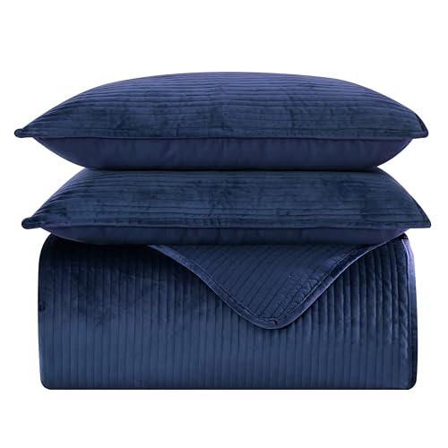 Elegant Comfort Luxury 3-Piece Velvet Corduroy Stripe Quilt Set, Ultra Soft Bedspread - Cozy Velvet Coverlet Set - 3PC Medium Weight Quilted Set with Matching Pillow Shams, Queen, Navy Blue