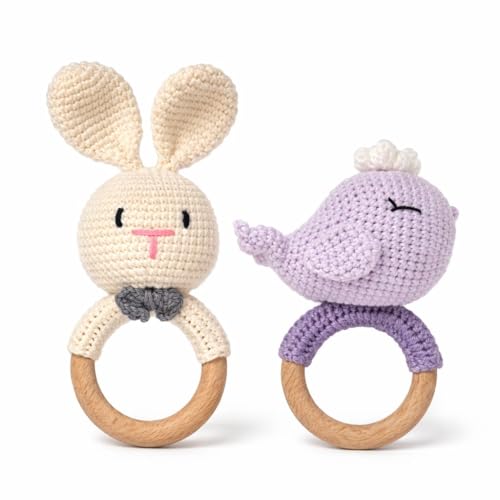 Image of Handmade Crochet Bunny Rattle & Whale Wooden Teether Combo | Baby Teether Toy with Natural Wooden Ring | Soft Knitted Infant Sensory Rattle | Newborn Teething Toy | Organic Cotton Baby Gift Set (Pack of 2)