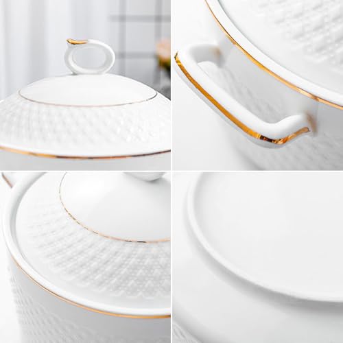 Ceramic White Soup Tureen with Lid Porcelain Serving Tureens for Restaurant Home Kitchen Decoration Ceramic Casserole Dish for Dinner and Party, Microwave and Dishwasher Safe,White,9inch