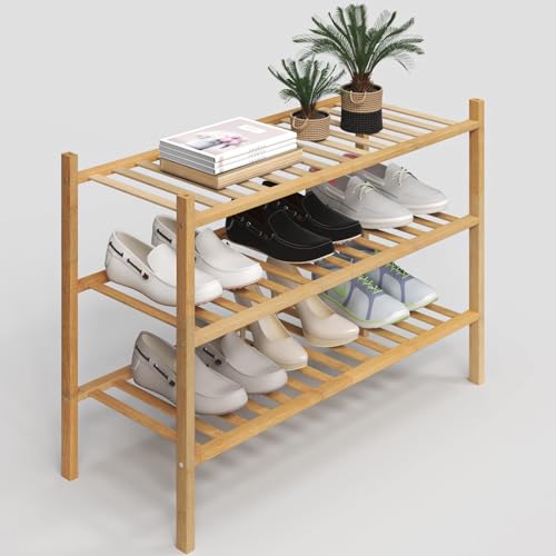 Bamboo 3 Tier Shoe Rack Organizer, Stackable Free Standing Shoe Storage Shelf for Entryway, Closet & Hallway