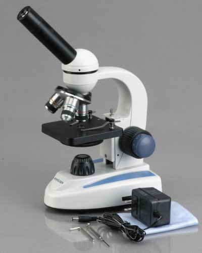 AmScope M158B Cordless Compound Monocular Microscope, WF10x and WF20x Eyepieces, 40x-800x Magnification, LED Illumination with Rheostat, Brightfield, Single-Lens Condenser, Coaxial Coarse and Fine Focus, Plain Stage, 110V or Battery-Powered - Thumbnail 3