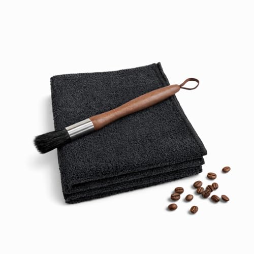 Barista Pinsel Set mit 2 schwarzen Barista Tüchern 30x30 Holz Kaffee Pinsel Mikrofaser Siebträger Tücher Reinigung für Siebträger Espressomaschine Dampflanze & Kaffeemühle