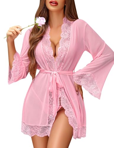 Image of SSoShHub Women Lace Kimono Robe Babydoll Lingerie Mesh Chemise Nightgown Cover Up Robe with Panty