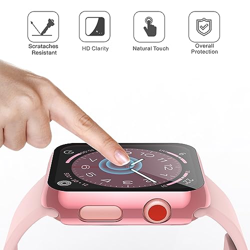 Image of Misxi 2 Pack Hard PC Case with Tempered Glass Screen Protector Compatible with Apple Watch Series 2 Series 3 42mm, Anti-Drop Scratch Resistant Lightweight Cover for iWatch, 1 Rose Pink + 1 Transparent