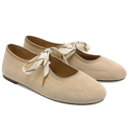 Yellhum Lace up Round Toe Ballet Flats for Women Cute Slip on Soft Mary Jane Flats Casual Ballerina Shoes Brown