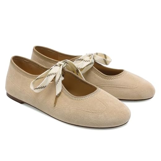 Yellhum Lace up Round Toe Ballet Flats for Women Cute Slip on Soft Mary Jane Flats Casual Ballerina Shoes Brown
