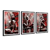 Canvas Wall Art for Bedroom - Set of 3 Sexy Framed Female Body Poses Painting Red Black Background Abstract Women Prints Modern Nude Woman Picture Wall Decor for Bathroom Living Room Home, 24'x36'x3