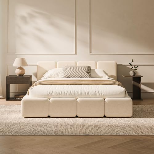 Image of RECCI Cloud Queen Upholstered Platform Bed Frame, Low Profile Grounded Design with Plush Headboard & Footboard, Wood Slat Support, Noise-Free, No Box Spring Required, Beige