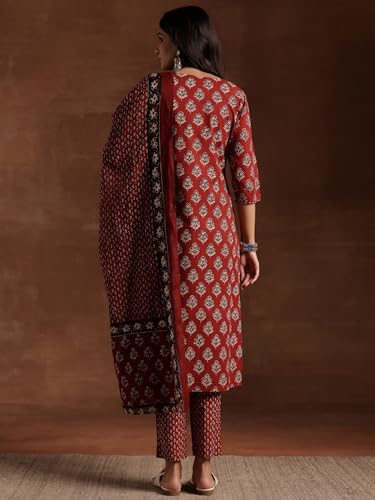 Image of Libas Womens Printed Cotton Straight Kurta with Trousers and Dupatta Suit