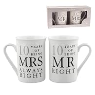 Pair of white ceramic mugs for a 10th Wedding Anniversary One mug reads '10 YEARS OF BEING MR RIGHT'. Other says '10 YEARS OF BEING MRS ALWAYS RIGHT' Mugs measure approximately 10 cm x 10 cm x 7 cm Mugs arrive boxed