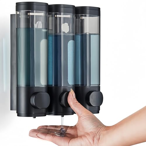 Shampoo and Conditioner Dispenser,Shower Soap Dispenser 3 Chamber No Drill Wall-Mounted Shampoo Dispenser for Shower Wall Mounted Shower Dispenser for Bathroom Hotel Large Capacity (Black)