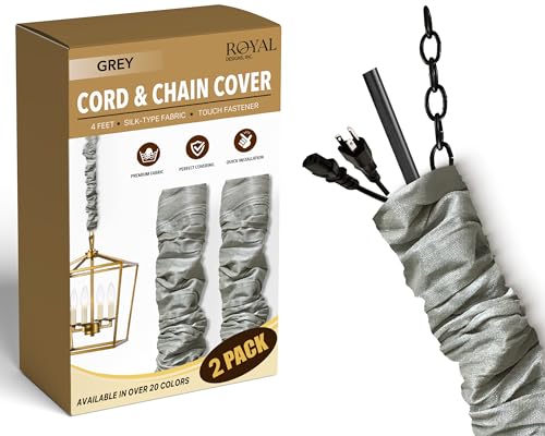 Royal Designs, Inc. Cord & Chain Cover 4 ft Silk Type Fabric, Chandelier Pendant Lighting Chain & Cable Management, Touch Fastener, Gray - 2 Pack