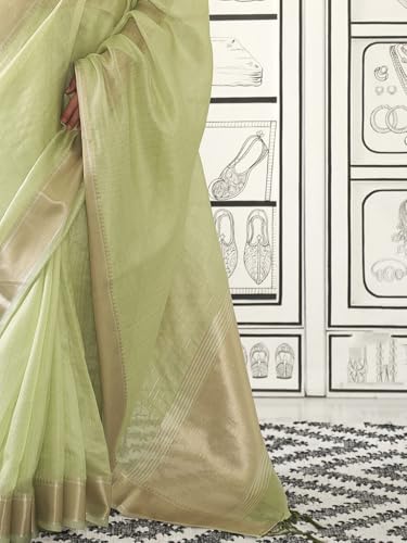 Image of MADHUHANSH Women's Cotton Linen Saree with Unstitched Blouse Piece and Solid Pattern | Mithila Painting Saree | Saree for Haldi Ceremony