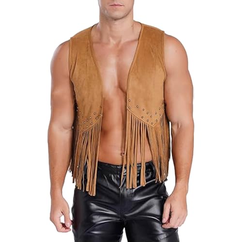 cffvdiz Fringe Vest for Men Faux Suede Sleeveless Vest Vintage 70S Bohemian Western Outfit Cardigan