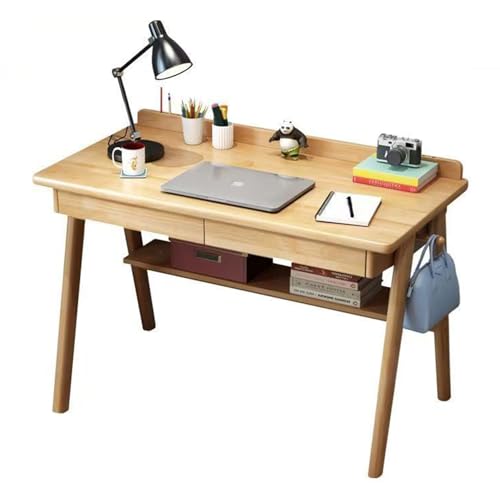 SXZenSpace Bureau en Bois Massif avec 2 tiroirs | Étagère de Rangement Informatique Moderne Style Milieu du siècle avec Crochets, Gain de Place pour Bureau...