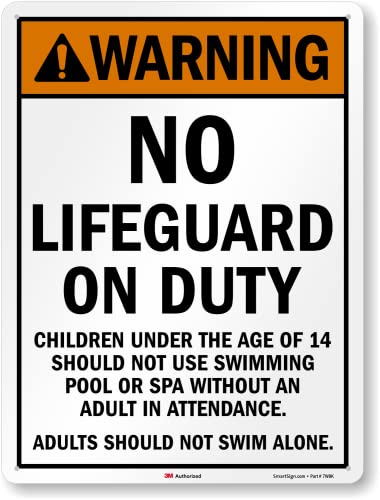 SmartSign 24 x 18 inch “Warning - No Lifeguard On Duty, Children Under 14 Should Not Use Pool” Metal Sign, 80 mil Aluminum, 3M Laminated Engineer Grade Reflective Material, Orange, Black and White