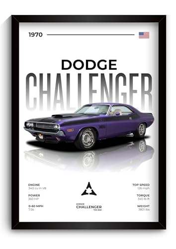 Image of Dodge Challenger Poster | Framed 1970 Challenger A4 Sized (31 x 23 cm) | Muscle Poster for Wall, Gift for Boys, American Muscle Car Frames | Car Posters for Wall, Bedroom, Hostel, Study Area (F 060)
