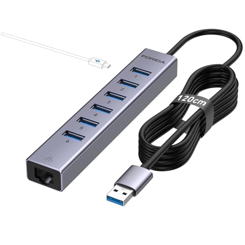 8Ports USB3.0 Hub USB-zu-Netzwerk-Hub mit 6 3.0 Ports Gigabit-Ethernet-Port und 5V/3AStromanschluss Aluminiu merweiterung Netzwerkadapter für Laptop IMAC PC USB-Flash-Laufwerke usw (Dunkelgrau)