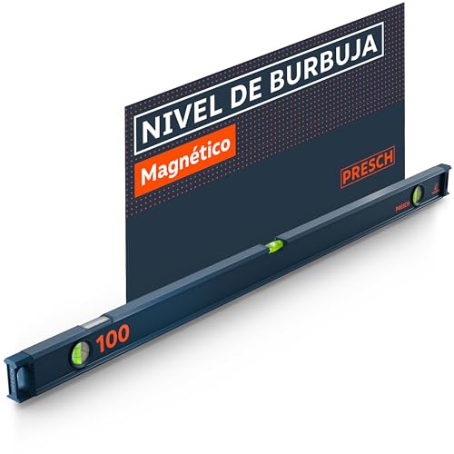 Presch Nivel Burbuja Magnético 100cm - Ampolla irrompible con pendiente 2% - Ventana de lectura vertical - Tapones antideslizantes innovadores - Superficie de medición precisa