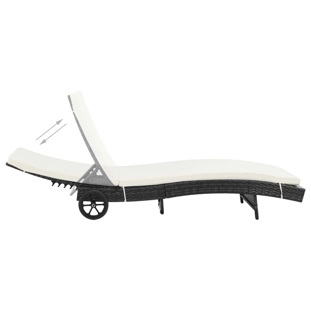 Lettino prendisole con ruote e cuscino in polyrattan nero, chaise longue regolabile per giardino, terrazza, balcone