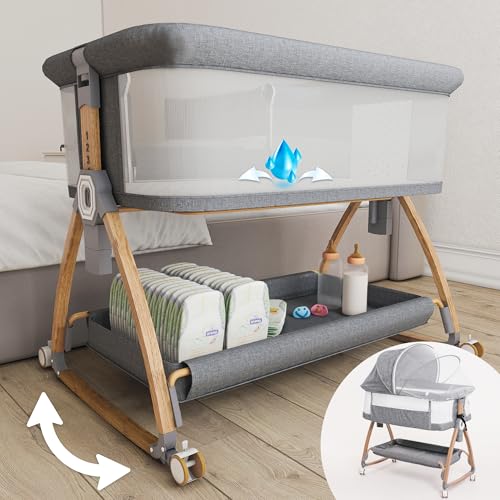 Image of Earth&ME Bedside Bassinet for Baby – Portable Co-Sleeper Crib with Adjustable Height, Breathable Mesh Sides, Storage Basket, Mosquito Net (Wood Grain, Grey)