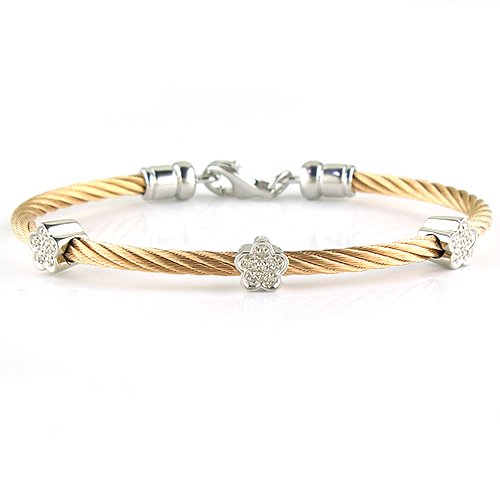 Sterling Silver Flower Diamond Bangle with Rose Color Stainless Steel Cable